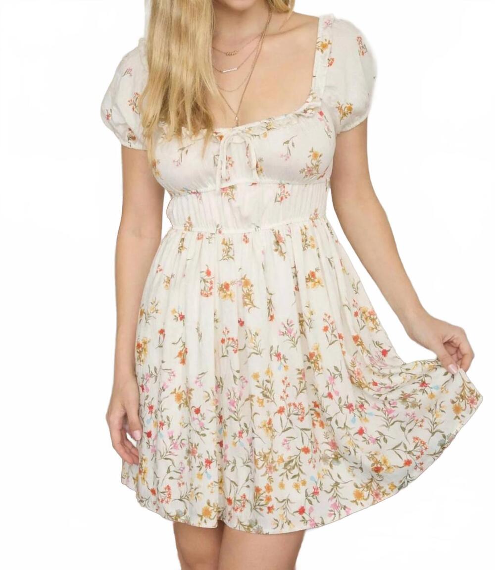 NEW BLU PEPPER gradient floral front tie puff sleeve dress in ivory multi